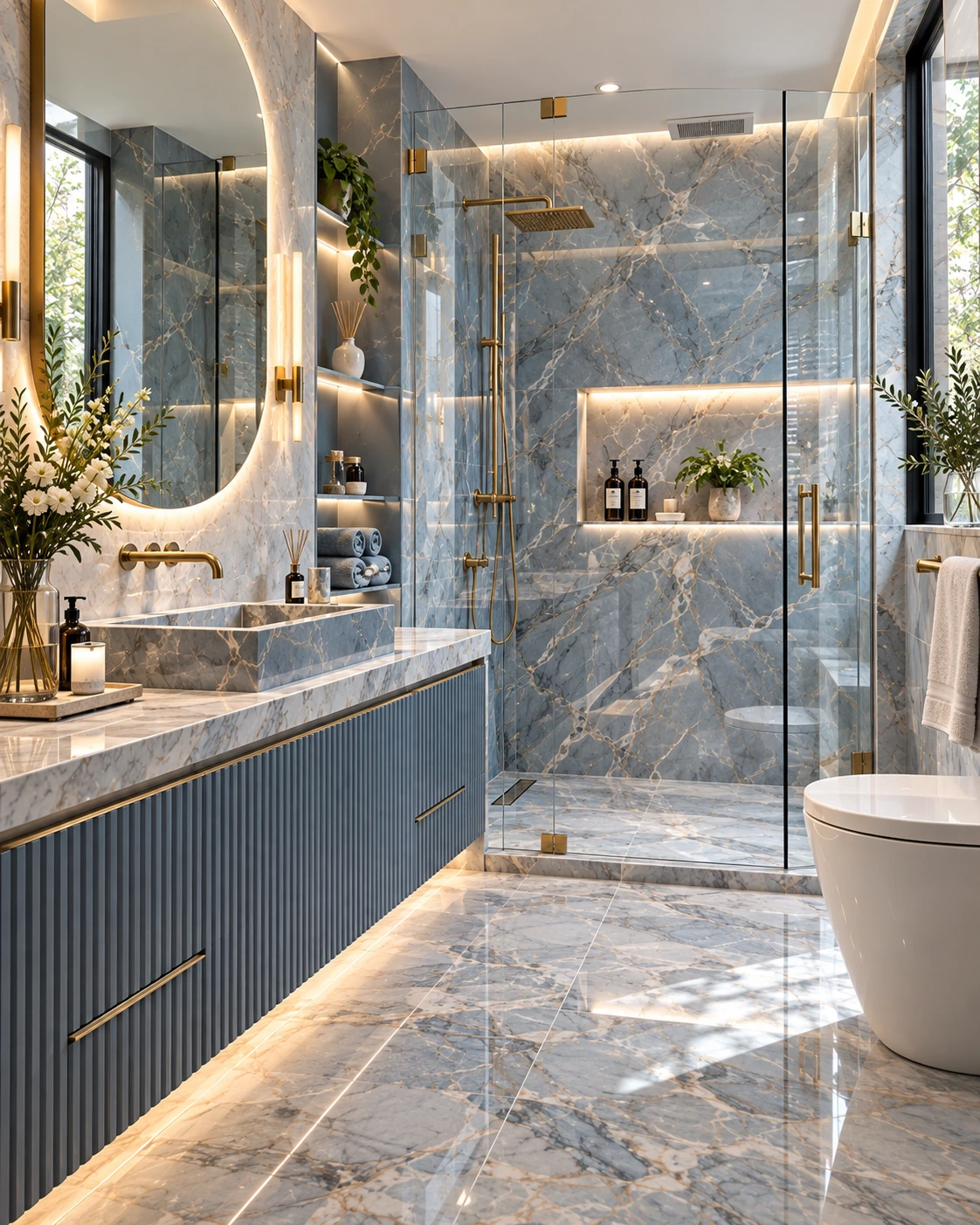 Blue-grey marble bathroom with fluted vanity and glass shower