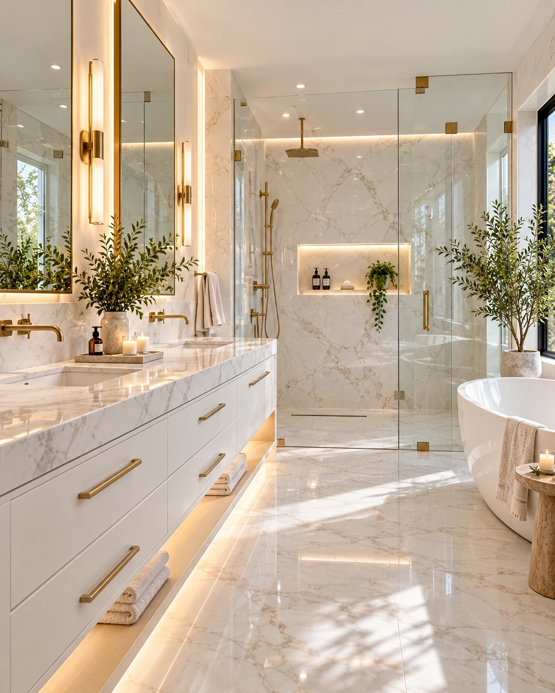White and gold marble bathroom with glass shower