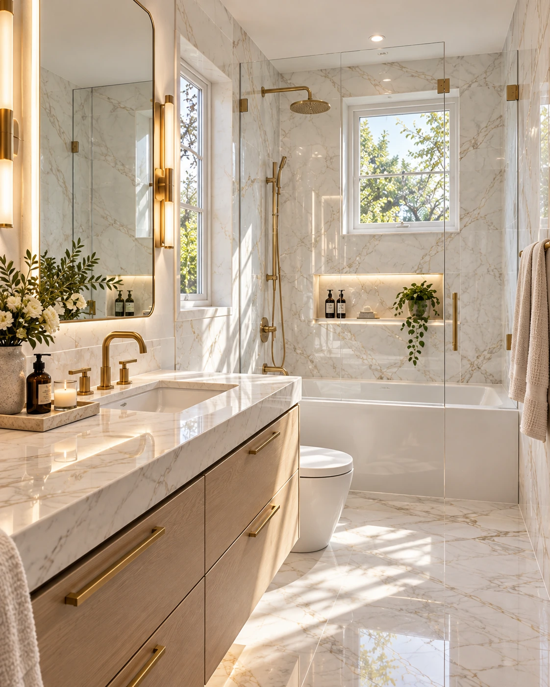 Sunlit oak vanity bathroom with marble tub and shower