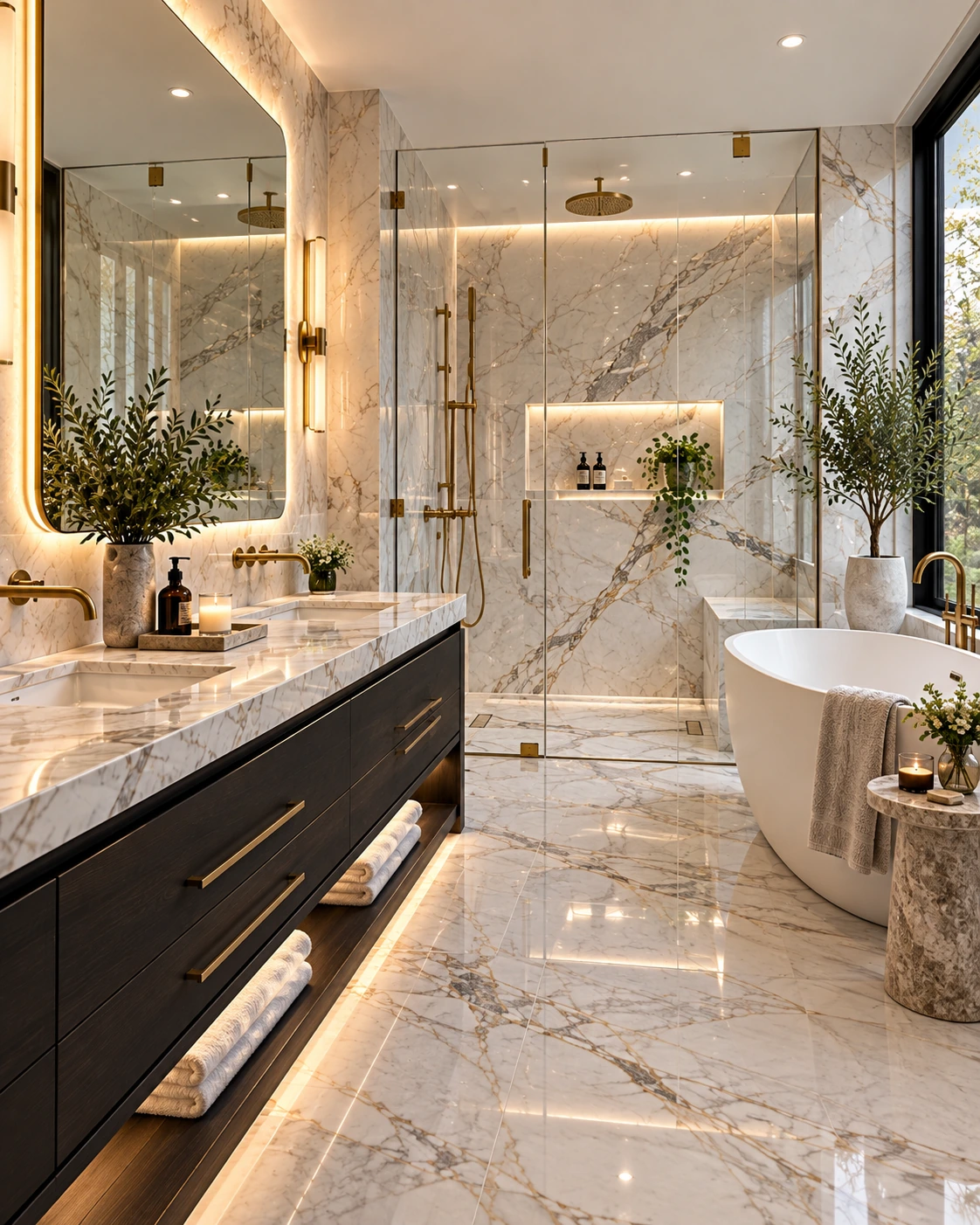 Luxury marble bathroom with black vanity and freestanding tub