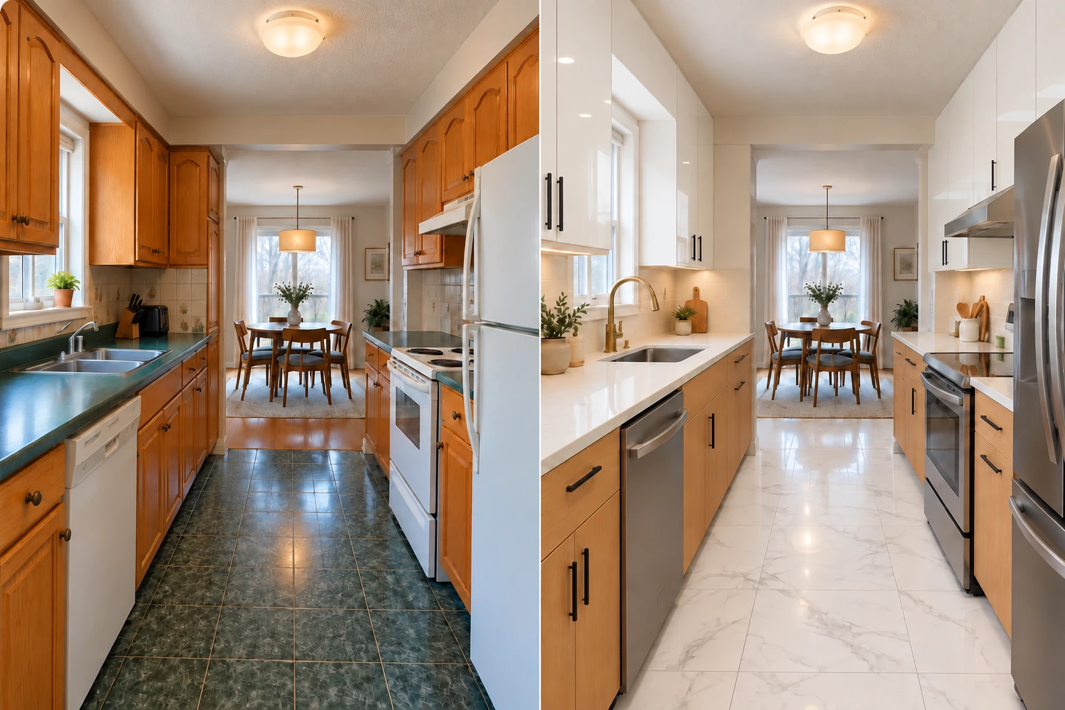 Kitchen design concept comparing dated finishes with glossy white slab upper cabinets, light oak slab lower cabinets and black handles